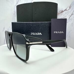 NEW PRADA Sunglasses Black Aviator Pilot 55-17mm Grey Lens Silver Logo